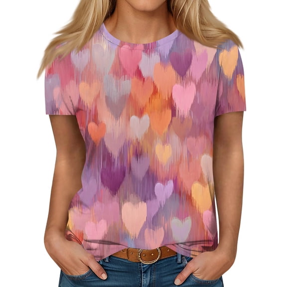 Garbnen Womens Valentine's Day Graphic Tees Short Sleeve Shirts for Women Casual Love Heart Print Crew Neck Dressy Pullover Blouse Tee