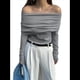 thumbnail image 3 of Body de Larga con Hombros Descubiertos para Mujer, Sexy, Adelgazante, Top de Transparente con Fruncido, Gris Talla S, 3 of 8