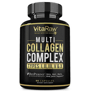 VitaRaw Multi Collagen Complex Supplement (Type I, II, III, V & X) For Hair, Skin and Joints - 90 Capsules