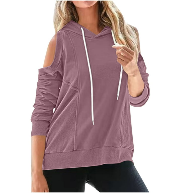 Women s Cold Shoulder Hoodie Sweatshirts Oversized Long Sleeve Drawstring Hooded Pullover Plus Size Sexy Solid Loose Fit Outwear Y2K Clothes