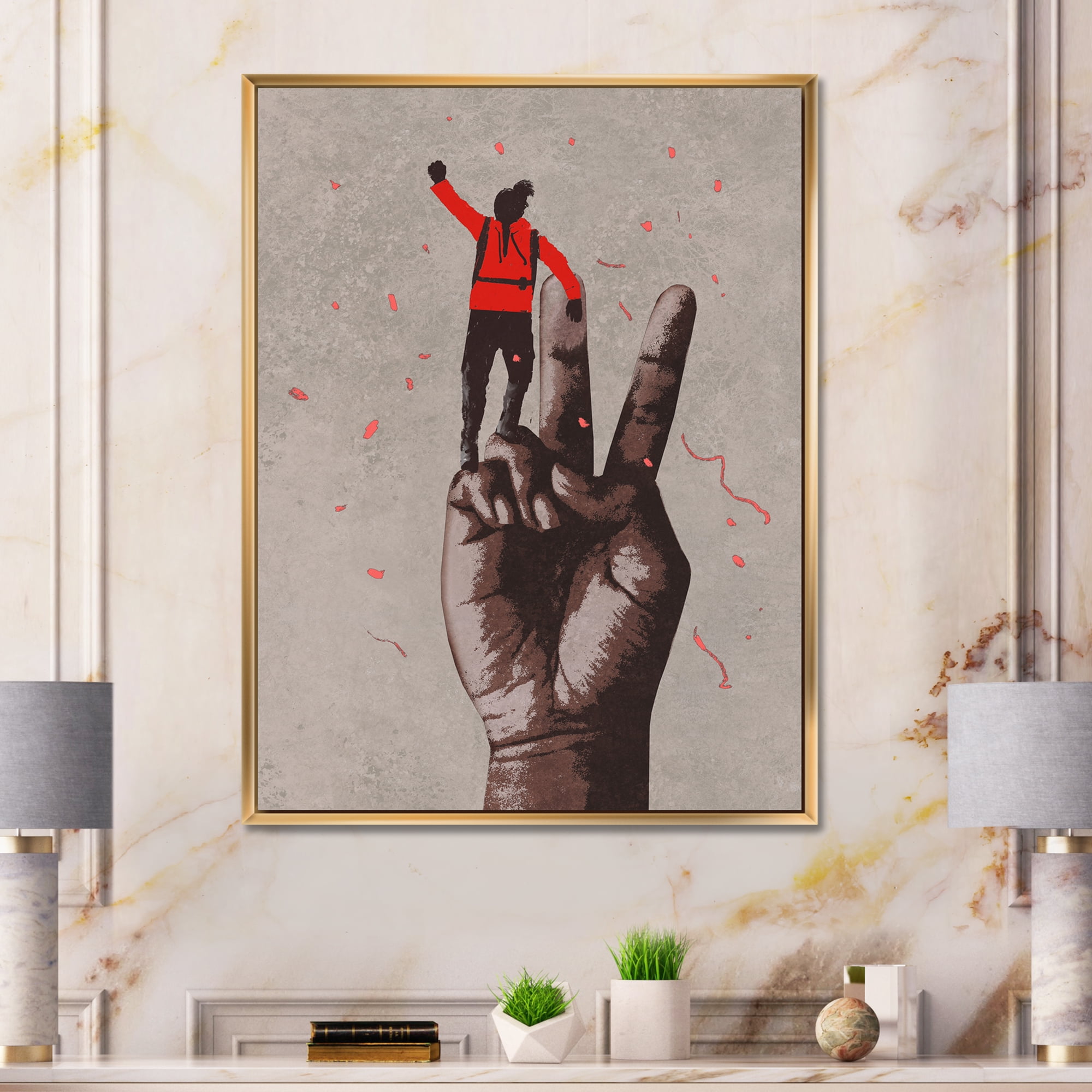 Man With Arm Raised On Victory Sign 24 in x 32 in Framed Painting Canvas Art Print, by Designart