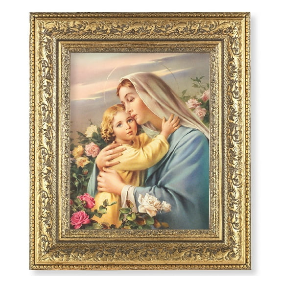 Hirten 12 1/2" x 14 1/2" Antique Gold Frame with 8" x 10" Madonna & Child Wall Art Print Religious Plaque Picture Image | Gold-Leaf Acanthus-Leaf Carvings Ornate Frame