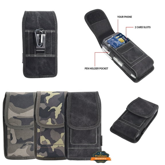 Phone Pouch for Vertical Fabric Denim Pouch Holster with Belt loop & Caribiner Hook Clip and Dual Credit Card Slot Storage for Large Phone size 5.5inch Case Cover [ Black Denim ]