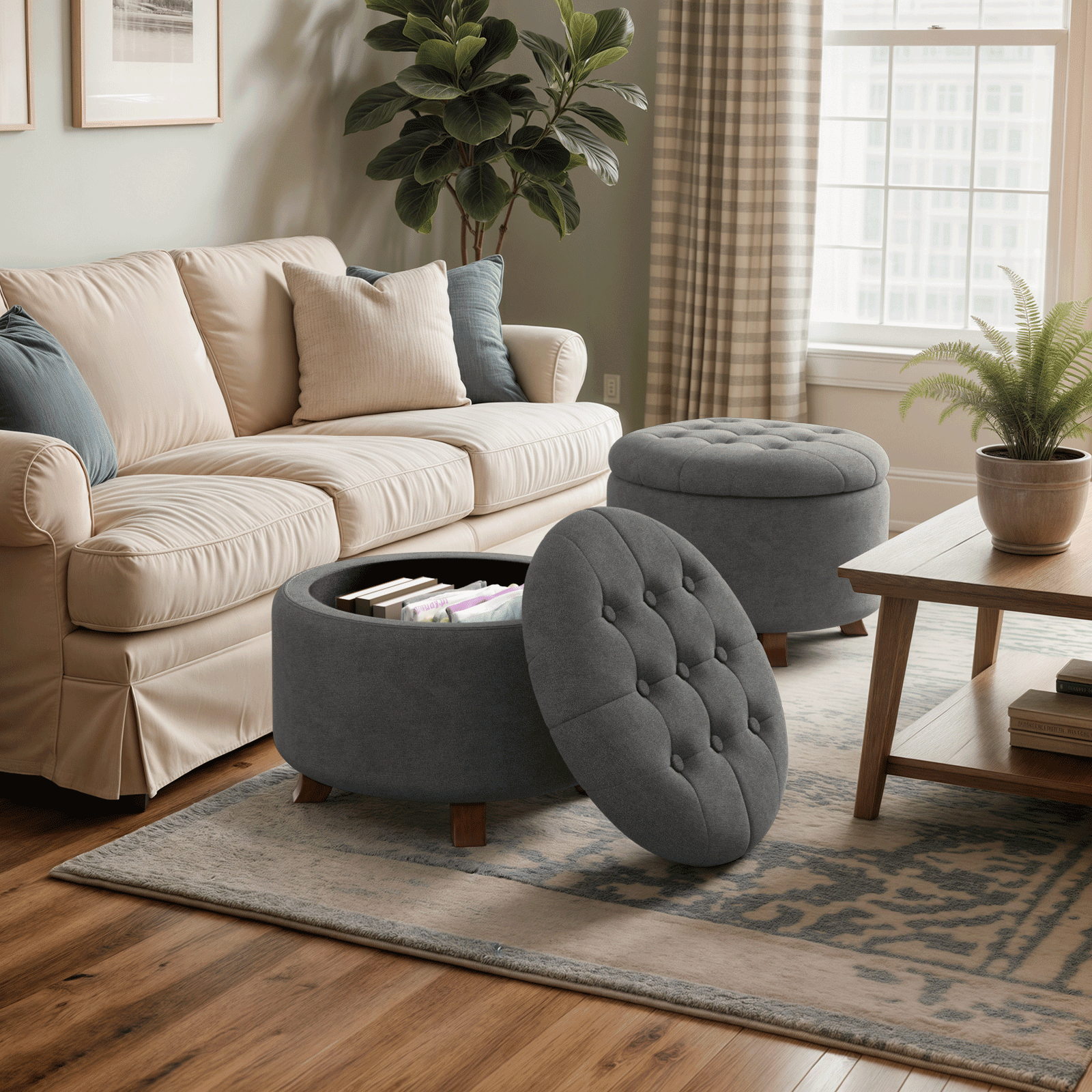 Magshion Storage Ottoman with Padded Seat, Modern Cotton-linen Footrest, Round Seat stool for Living Room Bedroom , Dark Gray