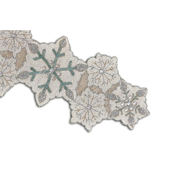 Handmade Beads Table Runner, Snow Flakes Table Runner, Christmas Table Topper 13X36 Inches