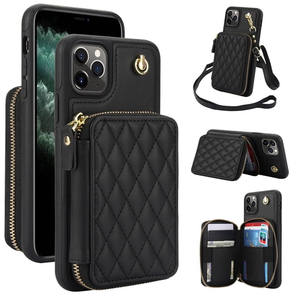 Crossbody Wallet Case for iPhone 11 Pro Max, RFID Blocking Zipper Handbag Purse Flip Cover, Kickstand Folio Case Card Slots Holder Wrist Strap Lanyard