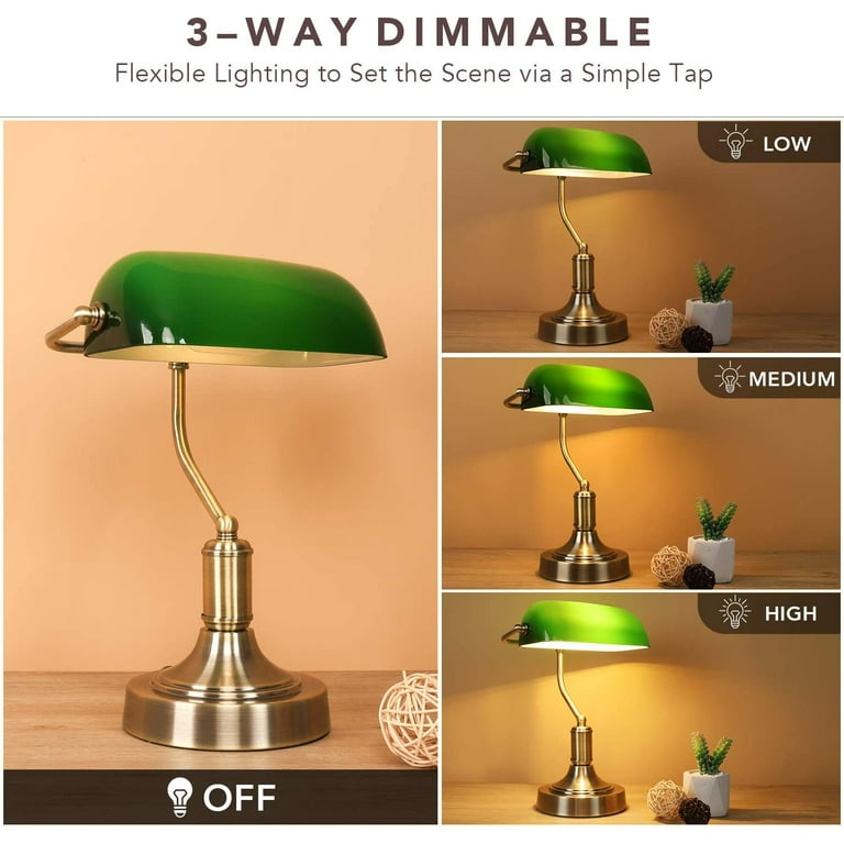 Green Glass Banker s Lamp with 2 Fast USB Charging Ports 3 Way