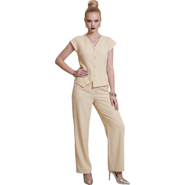 Conjunto 2 Piezas Elegante, Chaleco con Botones y Pantalón de Pierna Amplia, Look Sofisticado para Mujer