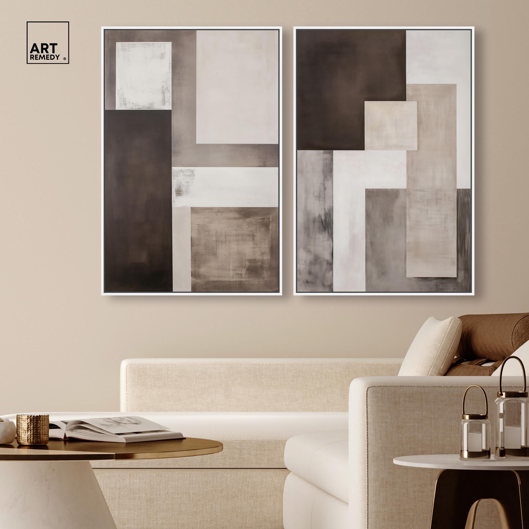 Quiet Geometries Set Canvas Print Brown Wall Art Set by Art Remedy, White Frame, 24 x 36