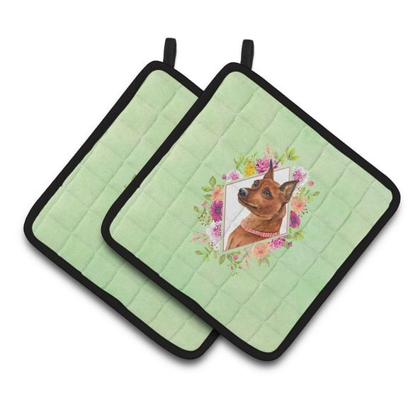 Carolines Treasures CK4321PTHD Miniature Pinscher Green Flowers Pair of Pot Holders 7.5HX7.5W multicolor