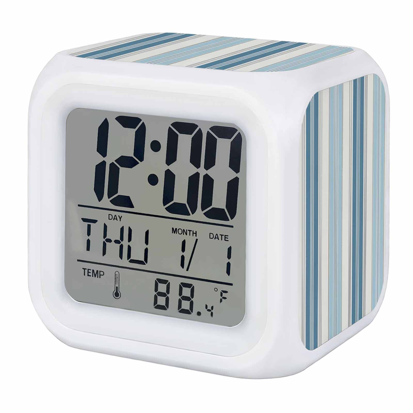Vintage Stripes Alarm Clock, Navy Light Blue Striped Retro Line Digital Clock Night Light with 7 Color, Calendar Temperature Display, LED Desk Small Clock for Bedrooms Bedside Living Room