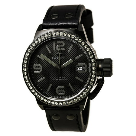 TW Steel TW912 Men's Canteen Swarovski Crystals Black Dial Black Leather Strap Watch