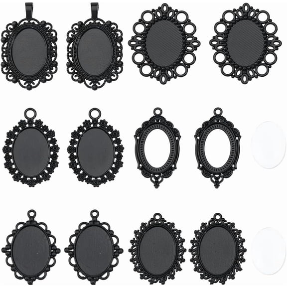 1 Box 24Pcs 12 Sets 18x25mm Blank Pendant Tray Cabochon and Bezel Sets Bulk Dome Frame Cameo Metal Alloy Oval Pendant Trays for Jewelry Making DIY Crafts Bouquet Classmate Graduation Women Black