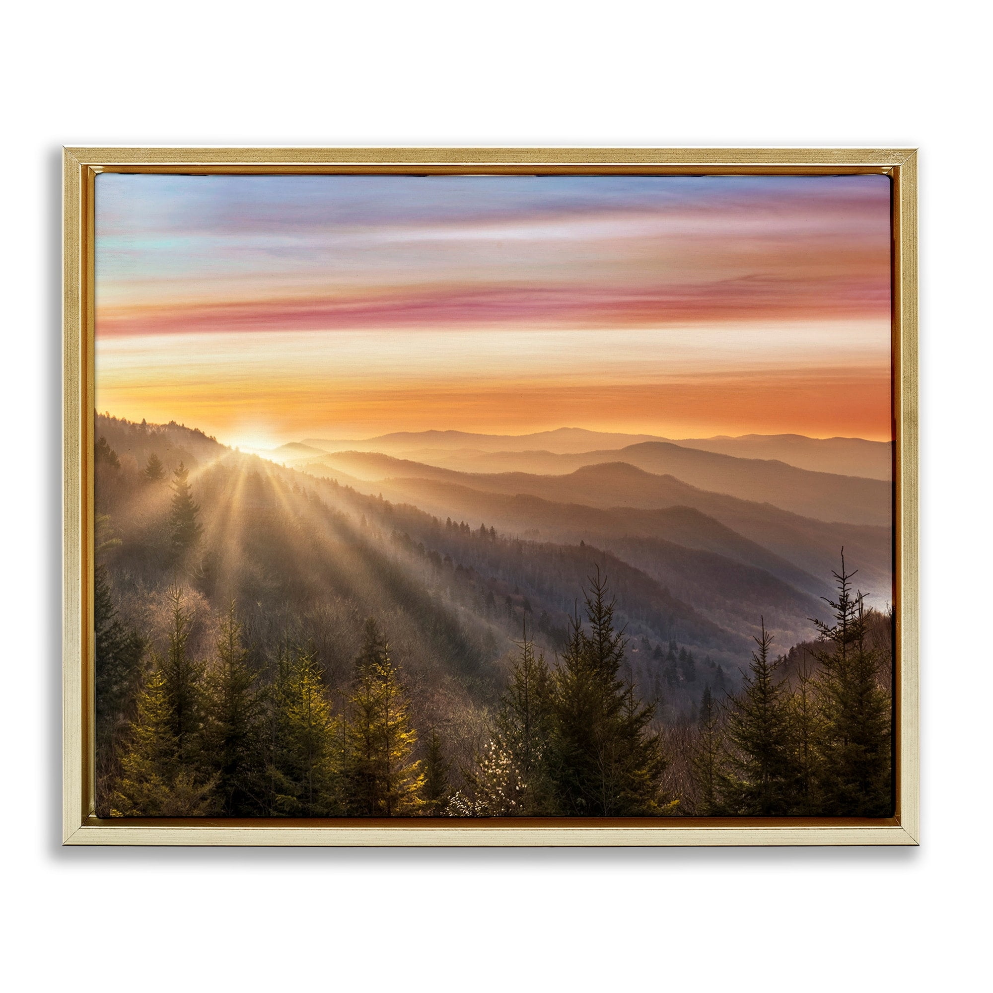 Sunrise Through Mountain Forest Skyline Gold Floating Frame Canvas Art, 31 x 25