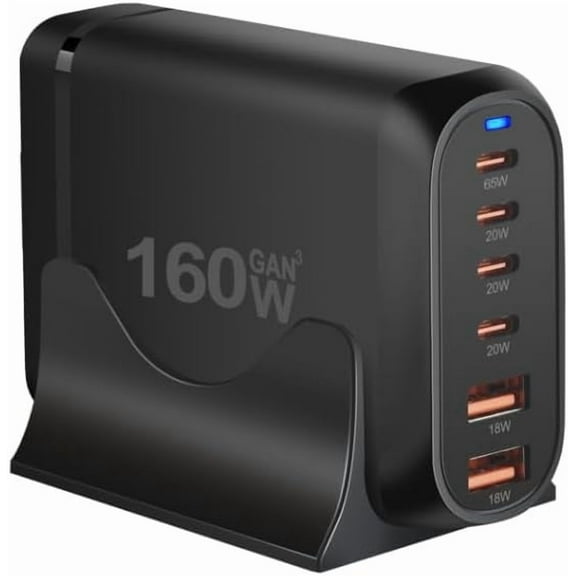 Famous Tech Shop 160W GaN Fast Charging Station, 6-Port PD/PPS Desktop Charger with 4 USB-C & 2 USB-A, Multi-Device Power Hub for Laptops, MacBook, iPhone & Samsung