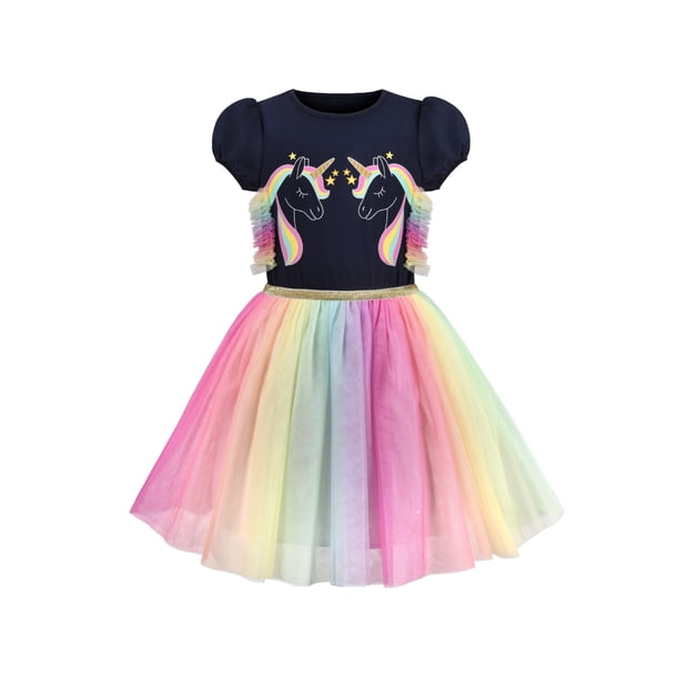 Vestido de Niña Multicolor Arcoíris Unicorn Tul Princesa Fiesta Cumpleaños 7 Años