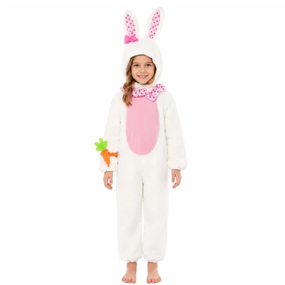 3 Piece Bunny Costume with Jumpsuit Bunny Ear Hood and Carrot Accessory Halloween Easter Dress Up