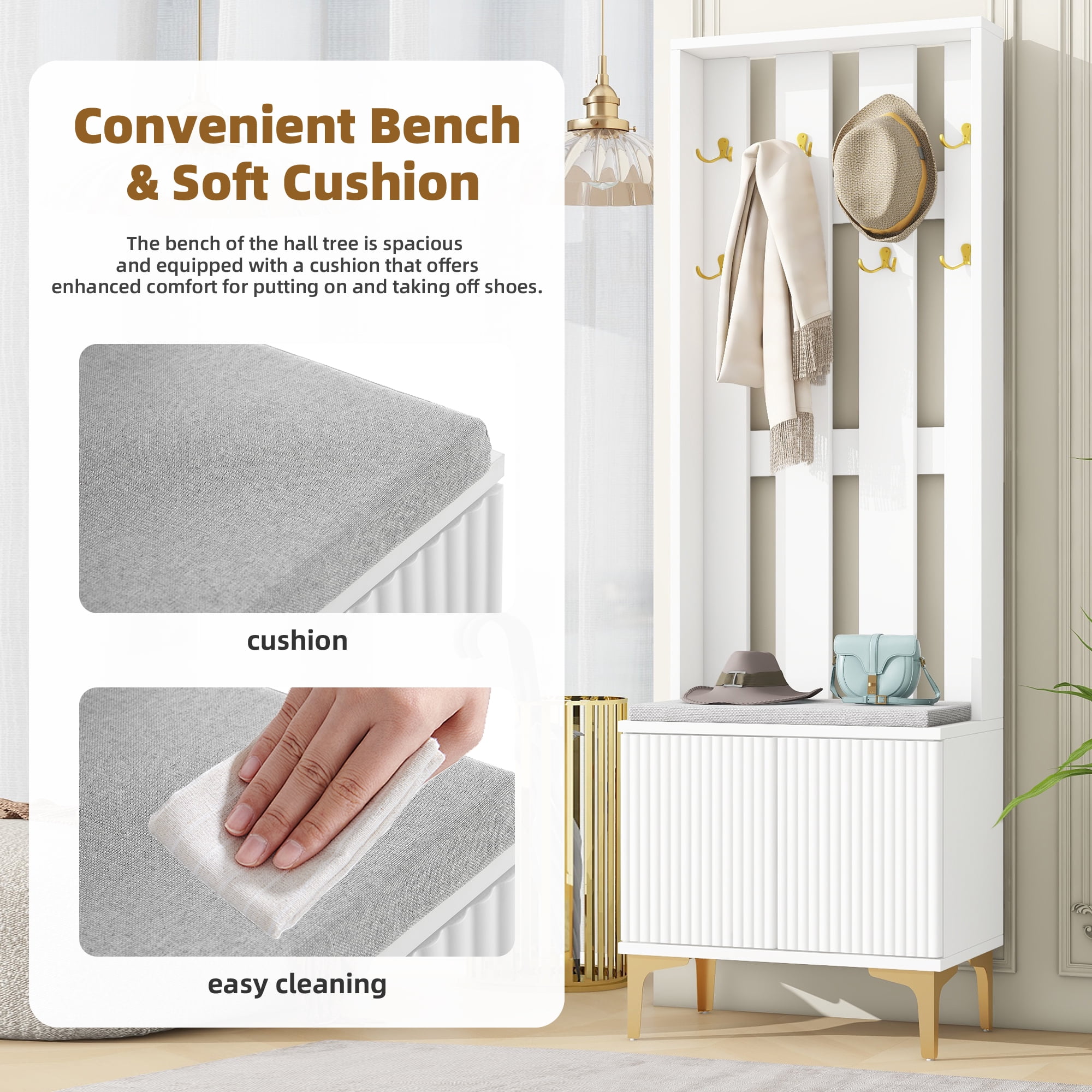 MAYEERTY 4-in-1 Hall Tree: Modern Entryway Bench with Cushion, 8 Gold Hooks, Adjustable Shelves, White