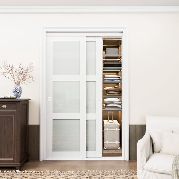 48'' x 80'' Bypass Sliding Closet Door, 3 Panel Tempered Frosted Glass & White Wood Texture Frame, Pre-assembled Door Panels with Round Silver Handles