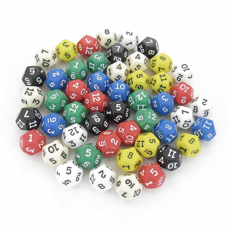 Assorted Opaque Dice with Black Numbers D12 16mm (5/8in) Bulk Pack of