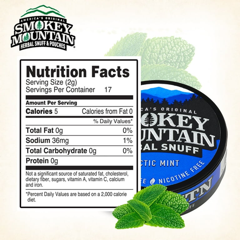 tobacco calories Smokey Mountain Herbal Long Cut – Artic Mint – 10 Can Box - Tobacco Free  and Nicotine Free Snuff