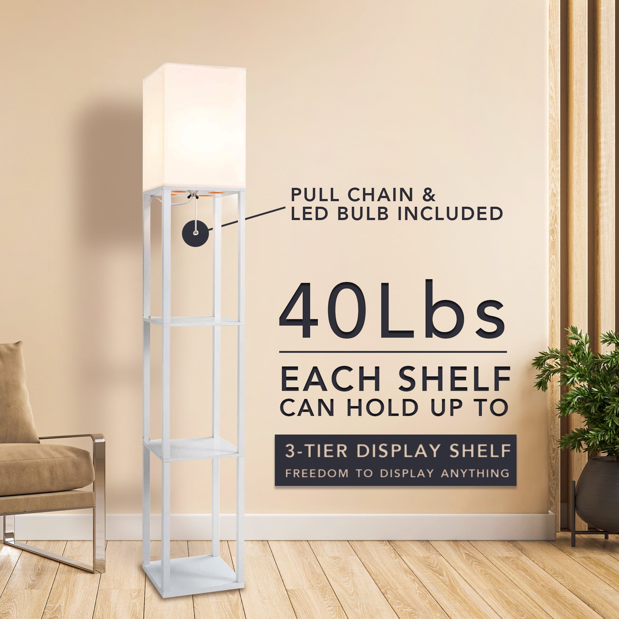 Modern PVC Floor Lamp with 3 Display Storage Shelves for Living Room &Bedroom 