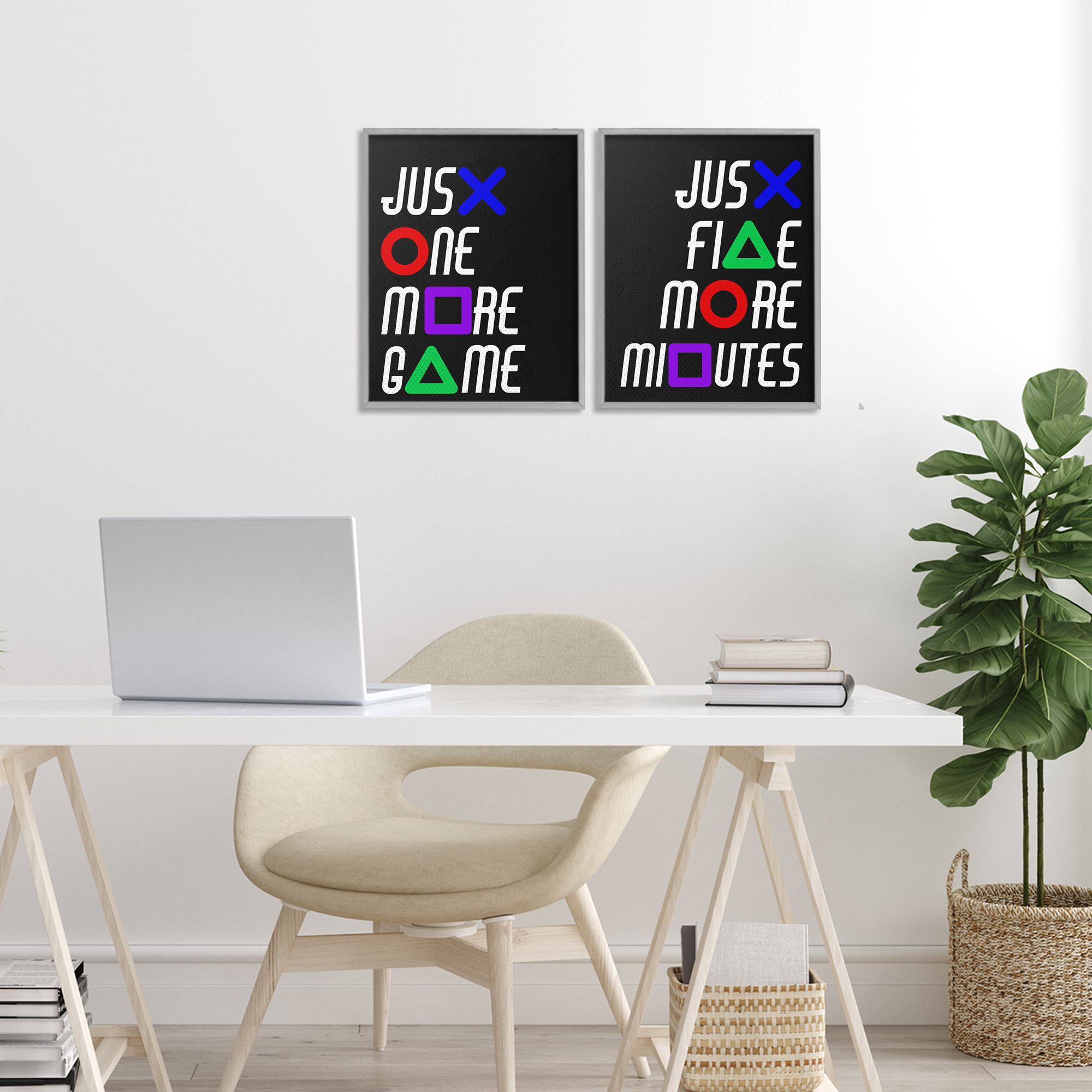 Gamer Button Symbols Phrases 2 Piece Gray Framed Giclee Art Set, design by Kim Allen