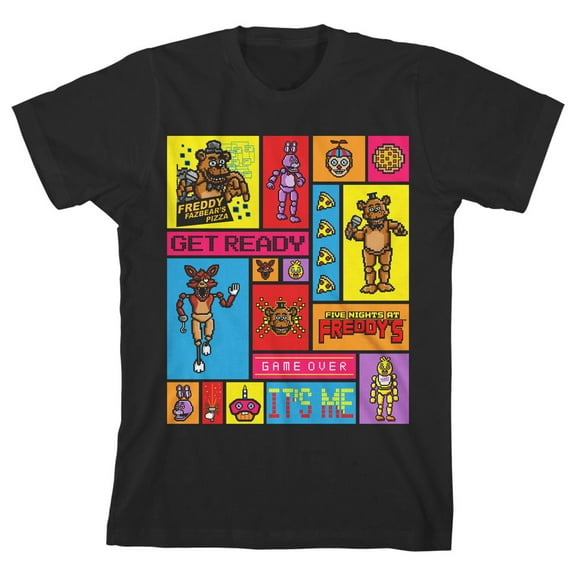 Five Nights at Freddy's Character Panel Collage Boy's Black T-shirt-Medium