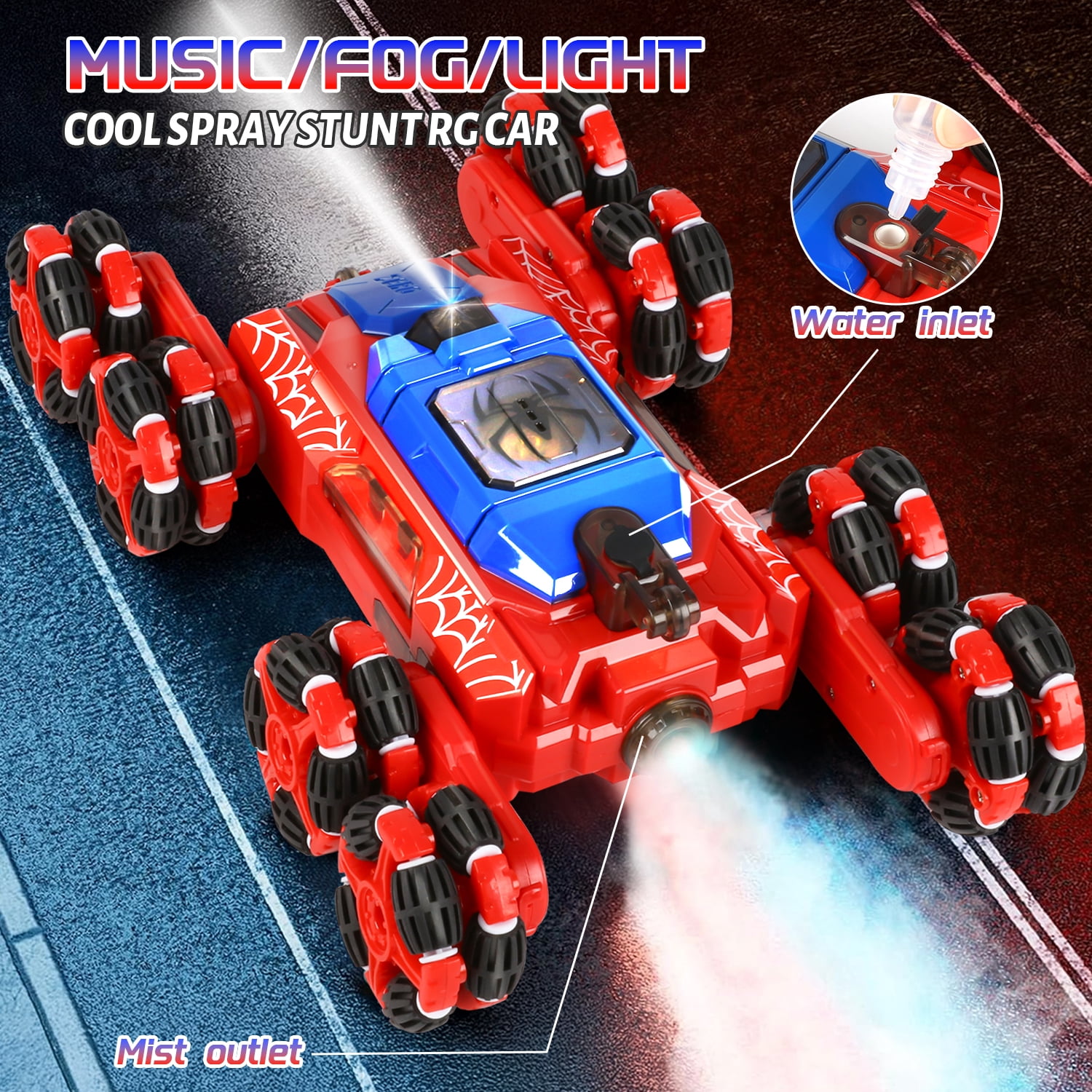 Huge Wave 8WD Remote Control Car for 4-9 Year Old Boys, 2.4GHz RC Stunt Car with Lights Music Spray, Double Sided Race Car, Christmas Birthday Party Gift for Kids