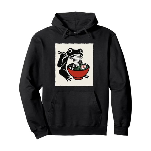 Men'S Anime Hoodie - Funny Frog Eating Ramen Graphic Japanese Anime Sweatshirt - Black Casual Pullover Hooded Sweater with Front Pocket, Machine Washable All-Season Wear, Regular Fit Long Sleeve with