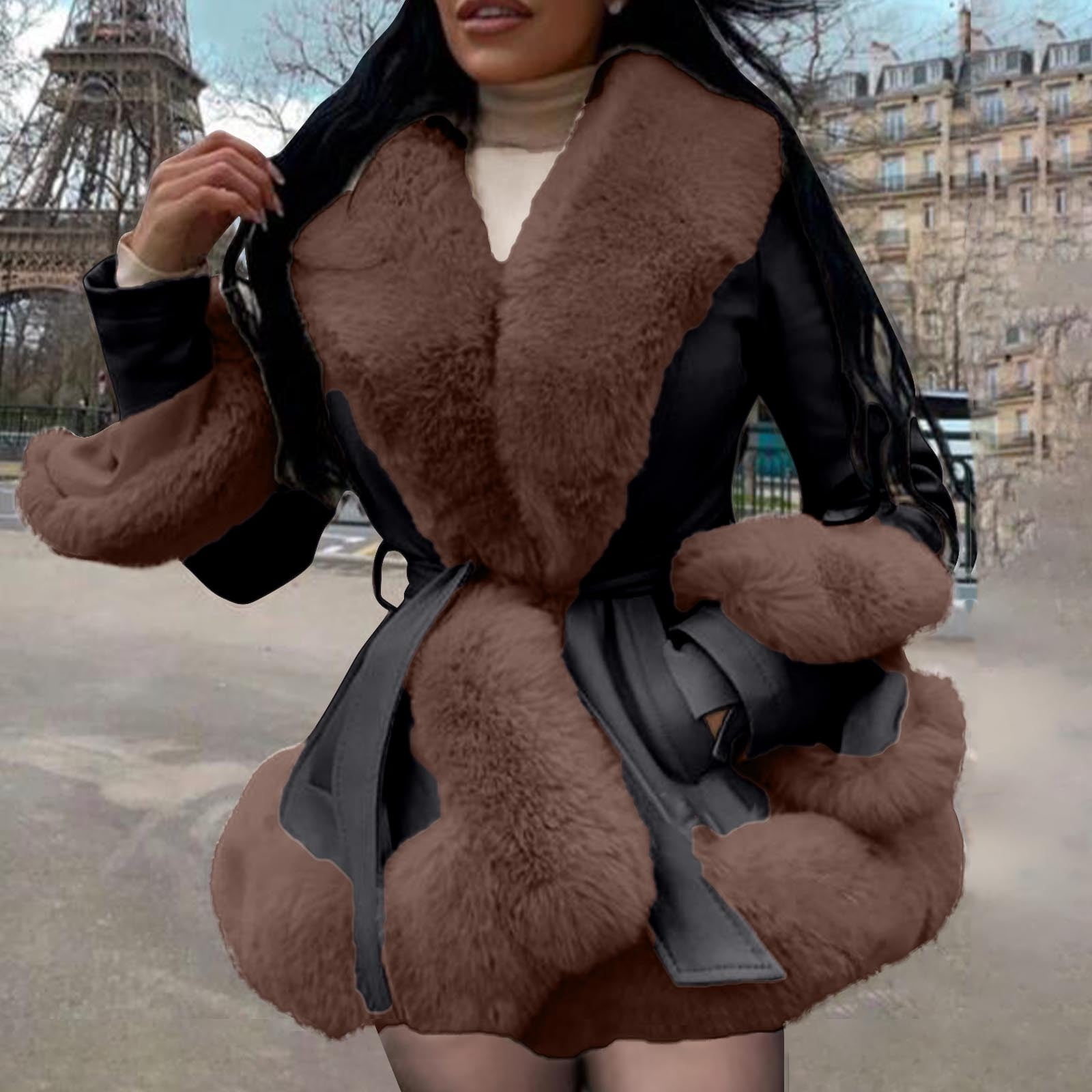 ZQUUVOU Women's Faux Leather Jacket with Faux Fur Collar Fall Winter Trendy Long Sleeve Furry Trim Parka Coat with Belt Brown
