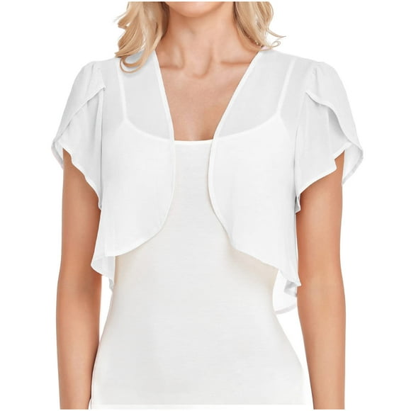 Women Cropped Open Front Shrug Cardigan Sheer Ruffle Trim Petal Sleeve Chiffon Bolero Jacket for Dress