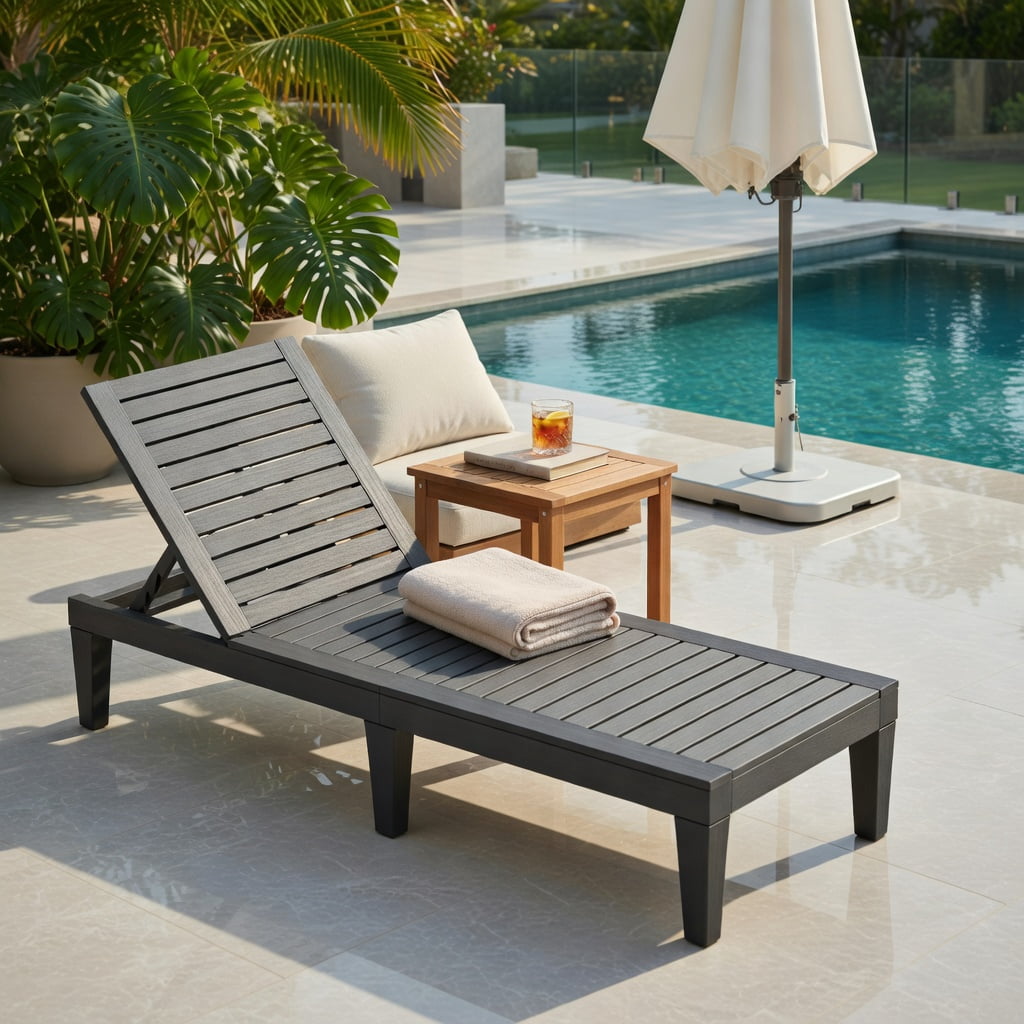 Hommoo Adjustable Outdoor Chaise Lounge Chair, 5-Position Reclining Backrest, Lightweight PP Frame, Gray