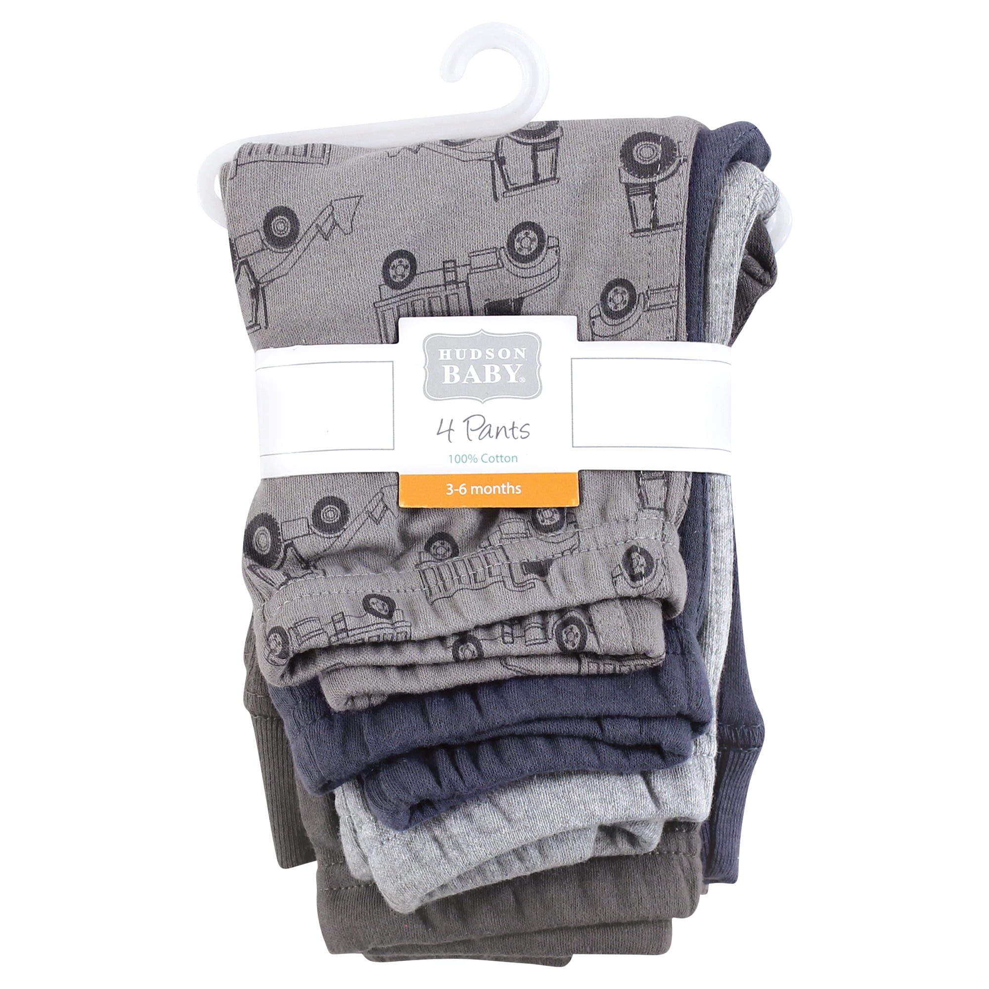 Hudson Baby Boys Cotton Pants and Leggings, Gray Construction Trucks, Preemie