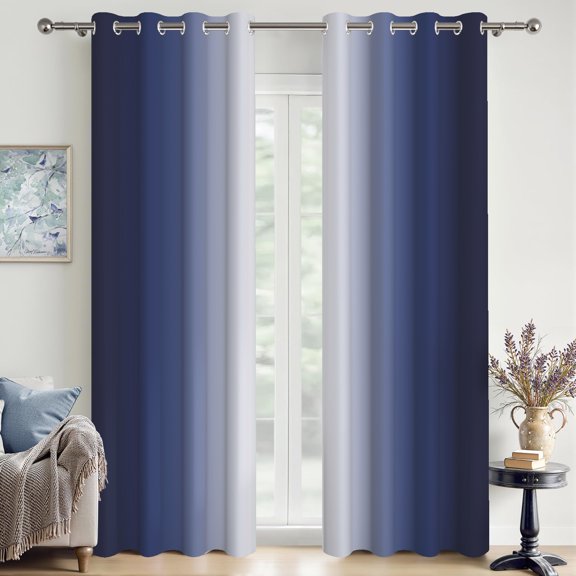 Aofoto Navy Blue Ombre Blackout Curtains 52 x 84 inch Gradient Thermal Insulated Energy Saving Grommet Window Drapes for Living Room/Bedroom,2 Panels