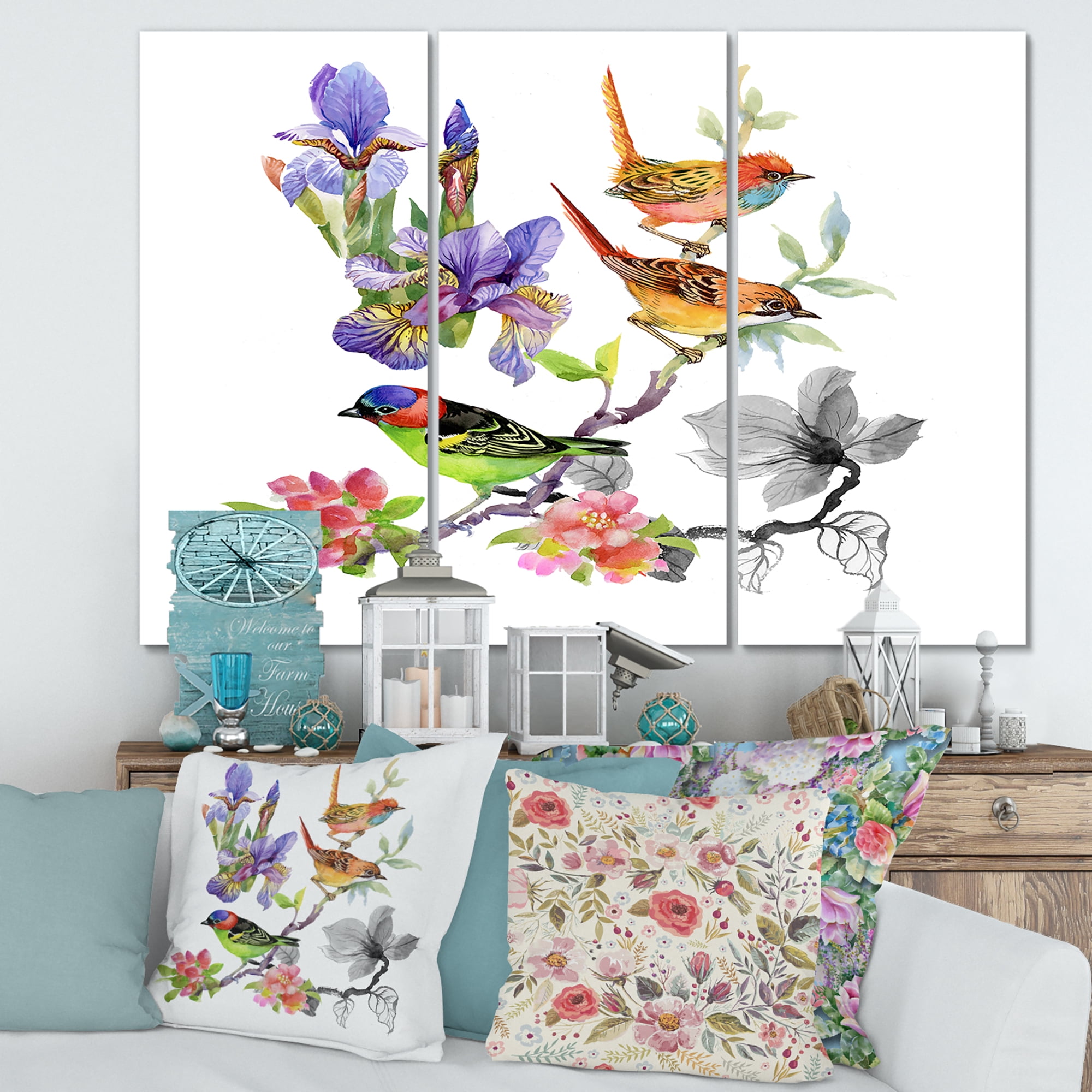 Designart ' Colourful Birds and Tropical Flowers I ' Traditional Canvas Wall Art Print