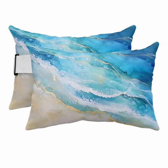 Summer Blue Ocean Waves Sand Outdoor Pillow for Chaise Lounge Chair,Seaside Beach Waterproof Headrest Lumbar Pillows with Insert&Elastic Strap for Patio Pool Garden Chairs Decor,2 Pack