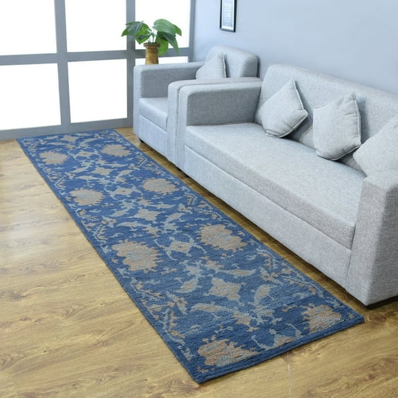 HAND KNOTTED WOOL FLORAL MODERN AREA RUGS - 2'6''x10', Runner Shape, Blue Color, Classic Traditional Design, Low Pile Handmade Area Rugs for Living Room, Bed Room (N00908)