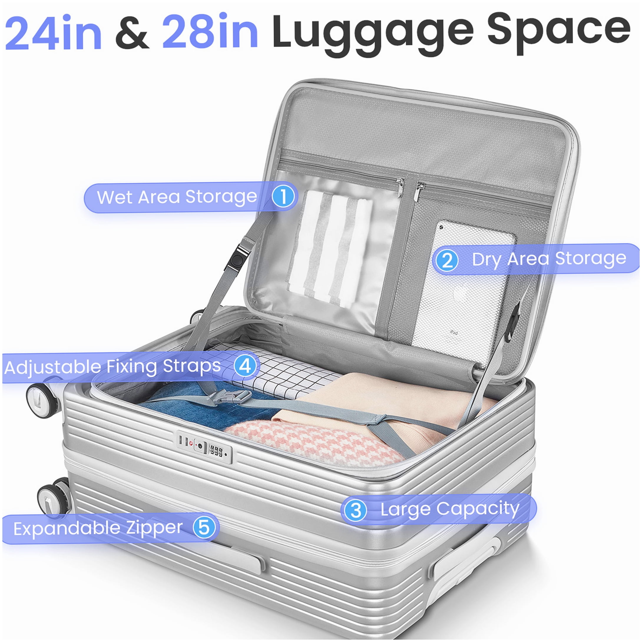 Expandable Lightweight Hardside Luggage 3-Piece Set with Spinner Wheels, TSA Lock & Laptop Sleeve, Silver