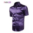 thumbnail image 2 of Camisa De Satén De Seda Morada Para Hombre, Manga Corta, Cor, 2 of 6