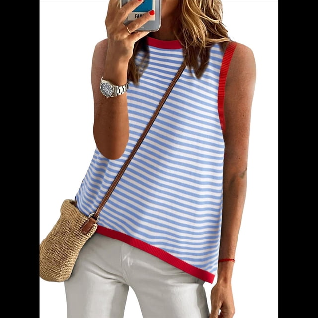 Camiseta Sin Mangas de Cuello Alto con Bloques de Color y Rayas Informales para Mujer, de Verano 2025, de Punto Holgado, de Corte Alto y Sin Mangas Como Se Muestra L