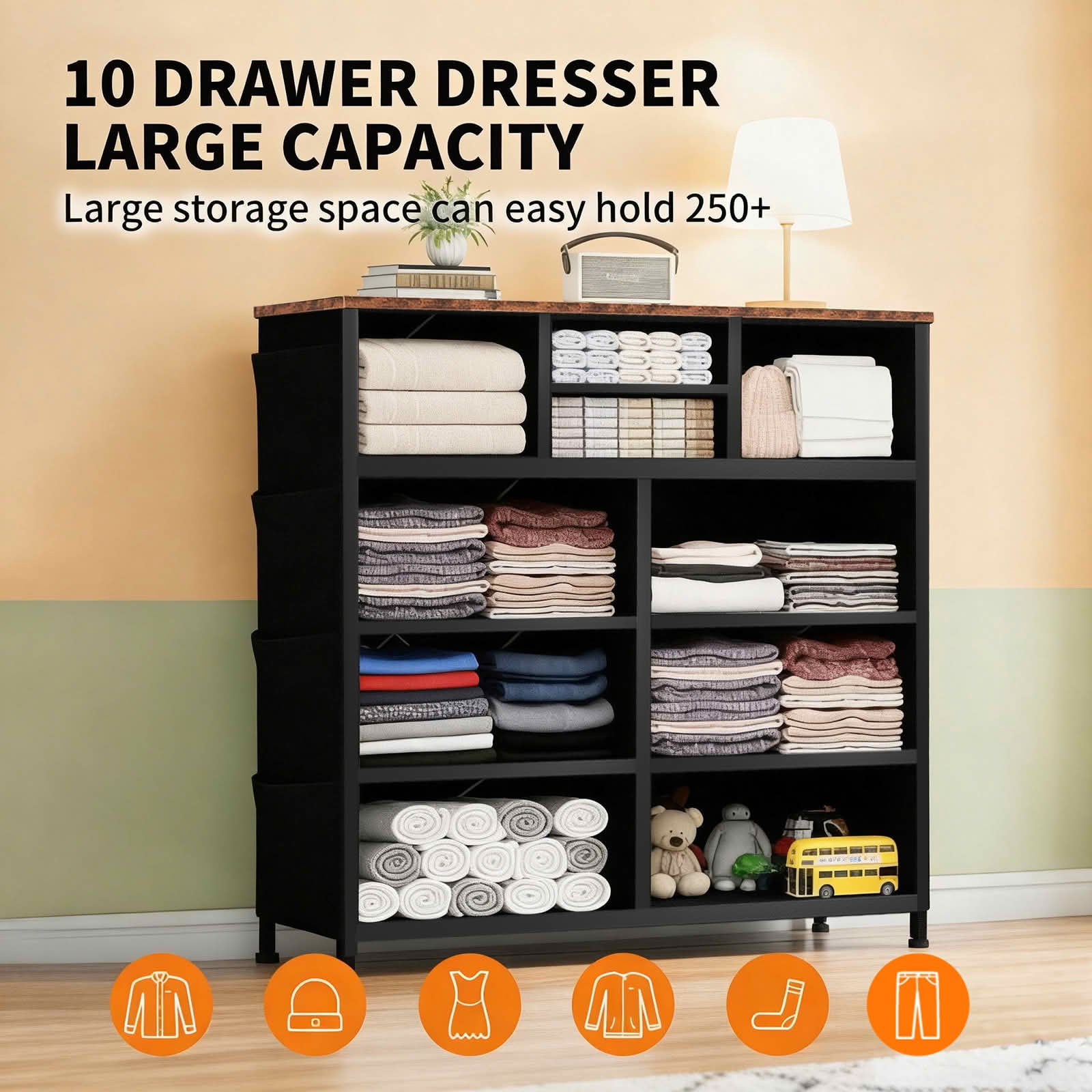 MAYEERTY 10-Drawer Storage Dresser, Cabinet with Side Pocket Hooks Wood Top for Bedroom Closet