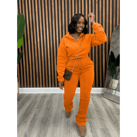 Aomice Women's 2 Piece Sweatsuit Half Zip Pullover and Stacked Pants-Orange-2XL