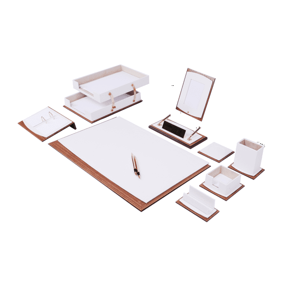 Lux Leather Desk Accessories - Leather Desk Organizer -Desk Organizer for Men Walnut Wood Combination Best Gift for Lawyers, Managers and Bosses - Desk Mat - 11 PCS