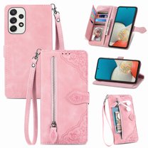 Dteck Case for Samsung Galaxy A53 5G,Magnetic Leather Card Holder Zipper Wallet Case Shockproof Rubber Kickstand Cover with Wrist Strap,Pink