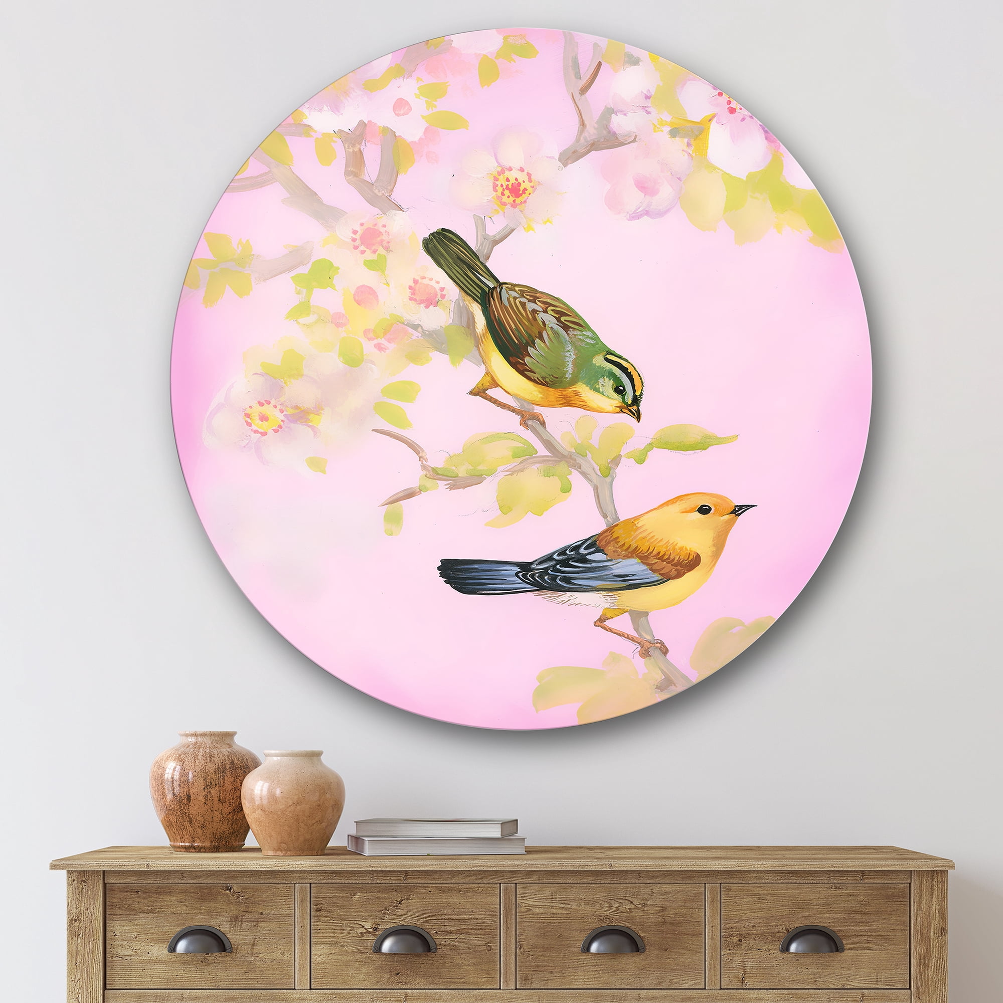 Designart 'Beautiful Bright Birds Sitting On Branch' Traditional Circle Metal Wall Art 29x29 - Disc of 29