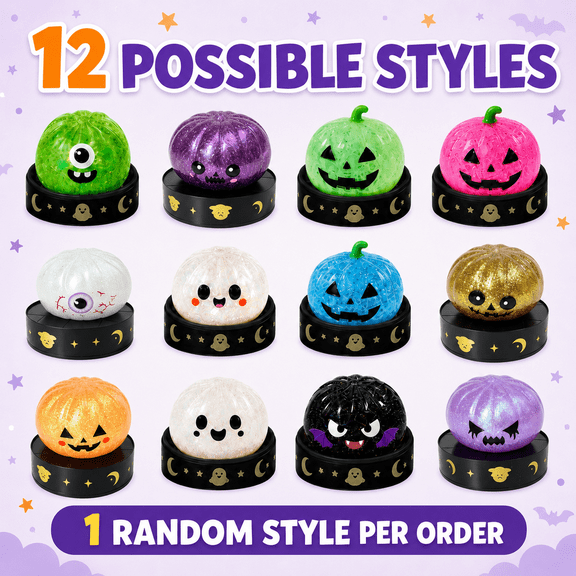 Halloween Dumpling Squishy Blind Box, 1 Random Pumpkin Stress Toy with Display Case, Soft Sensory Squeeze Toy for Party Favors, Desk Decor and Gifts for Kids Adults