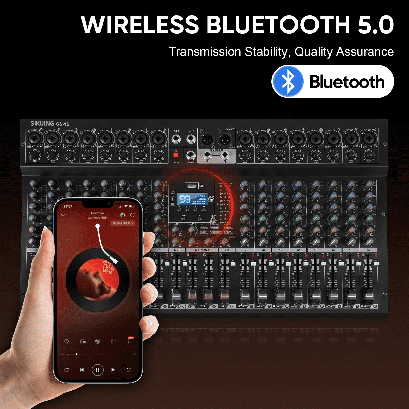 16 Channel Mixer, Professional Audio Mixing Console Studio DJ Board with Bluetooth, 99 DSP Effect,USB Recording, 48V Phantom Power, Reverb, MP3 Player for Live Sound Karaoke Performance