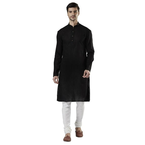 Ethnix Men's Indian Mandarin Collar Pure Cotton Textured Kurta Tunic Pajama Set; Black; LG