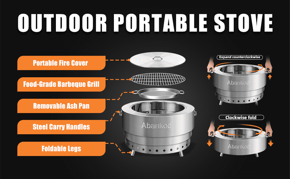Smokeless Fire Pit for Outdoor - 19.5" Portable Stainless Steel Fire Pit with Foldable Design & Carry Bag Adjustable Height for Camping, Backyard, BBQ, Bonfires.